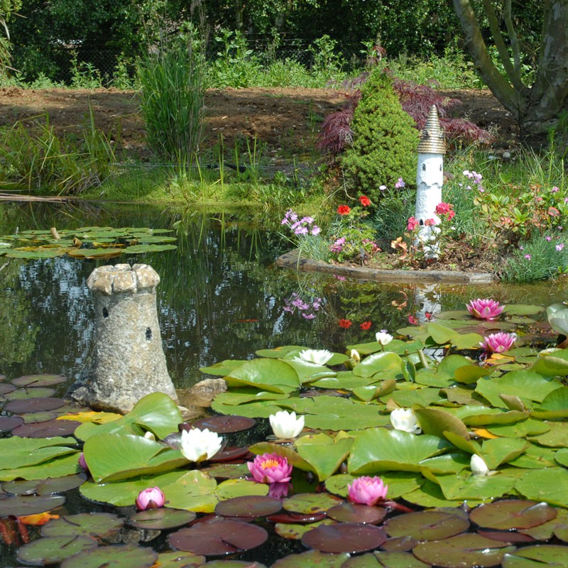 Victoriana Nursery Gardens Pond A green pond with lots of lilies in the bottom right of the photo, with white and pink flowers. Two castle, stone ornaments the on taller, slimmer one is surround by plants and flowers.